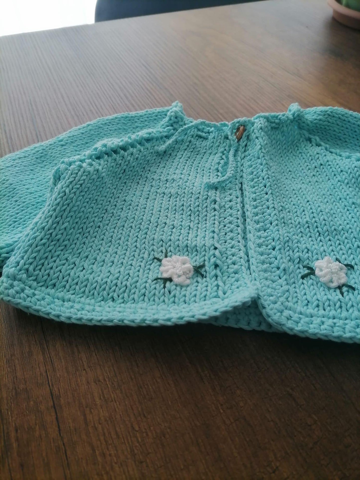 Handmade Baby Knit Set – 100% Cotton Cardigan & Romper (9–12M) | Aqua Blue Newborn Outfit | Baby Shower Gift | Fall Baby Clothes