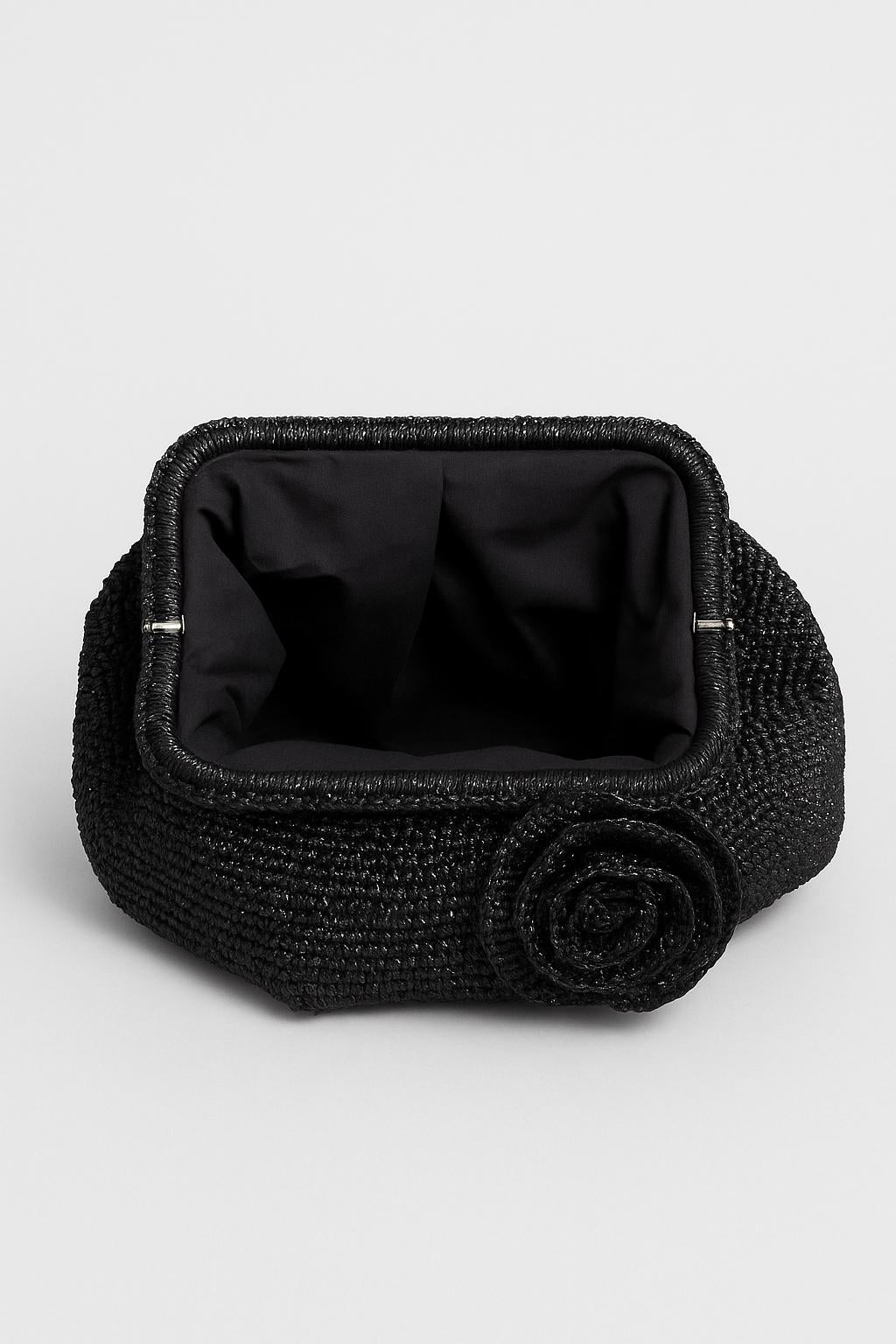 Elegant Black Crochet Clutch with Rosette Detail – Handmade Evening Purse