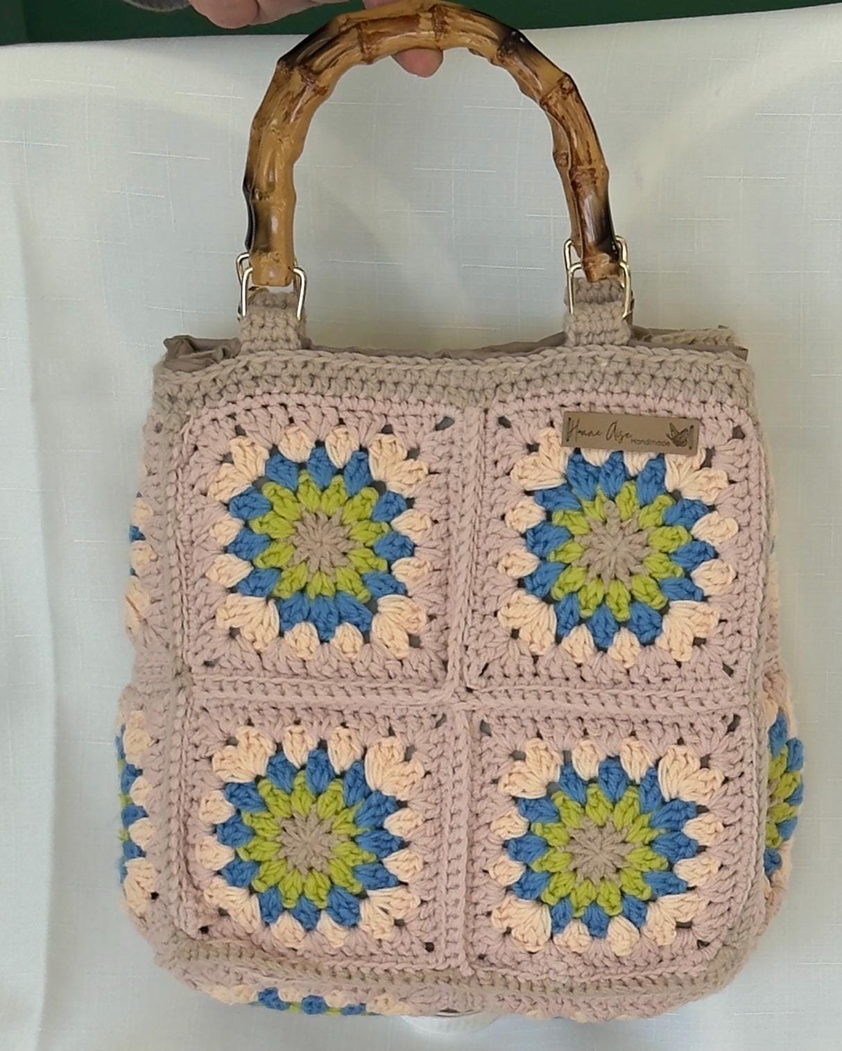 Handmade Crochet Boho Bag – Granny Square Tote with Lining & Bamboo Handles – Adjustable Strap – Gift for Her – Ready to Ship