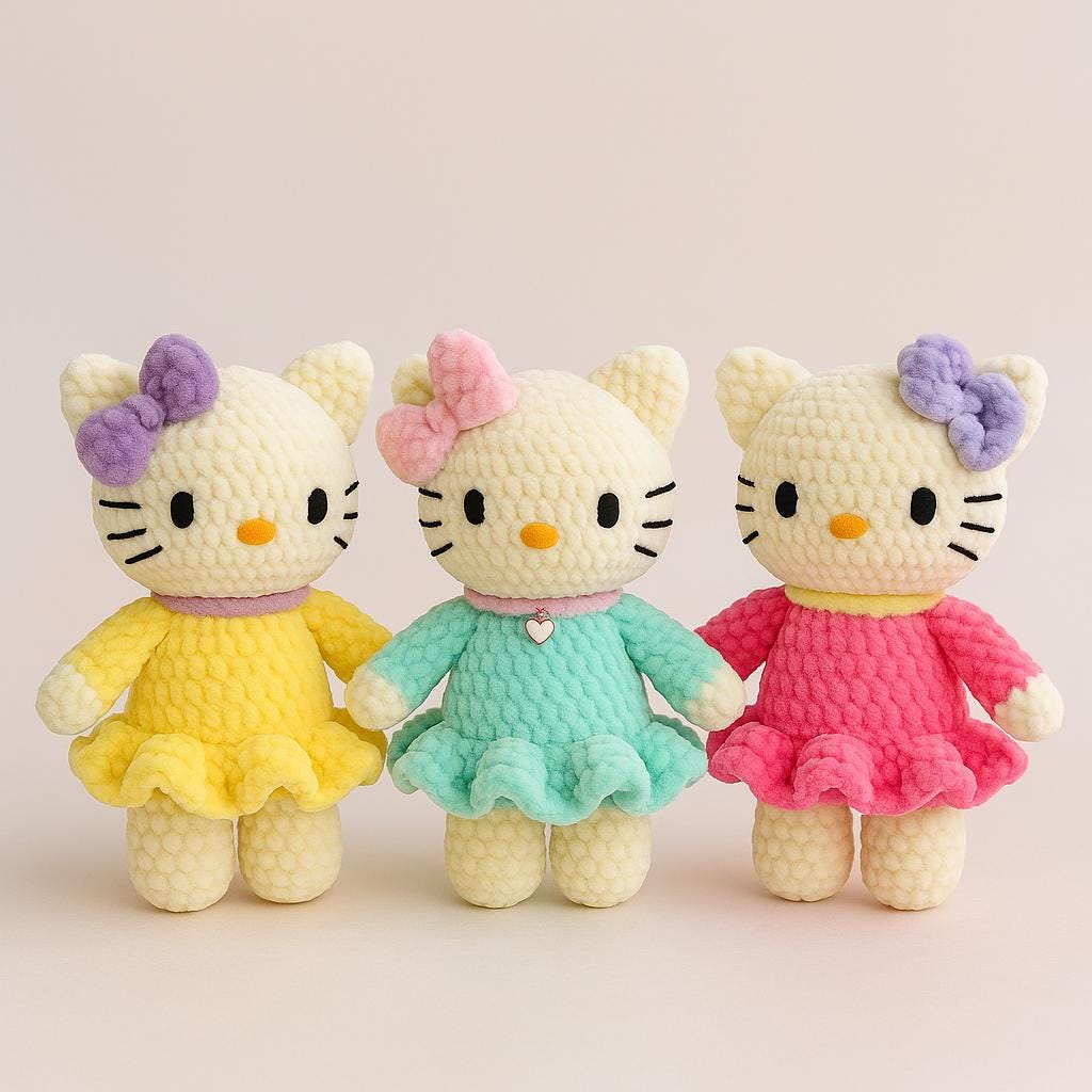 Handmade Hello Kitty Crochet Plushy– Soft Velvet Doll with Dress & Bow – Custom Colour Cute Gift for Girls