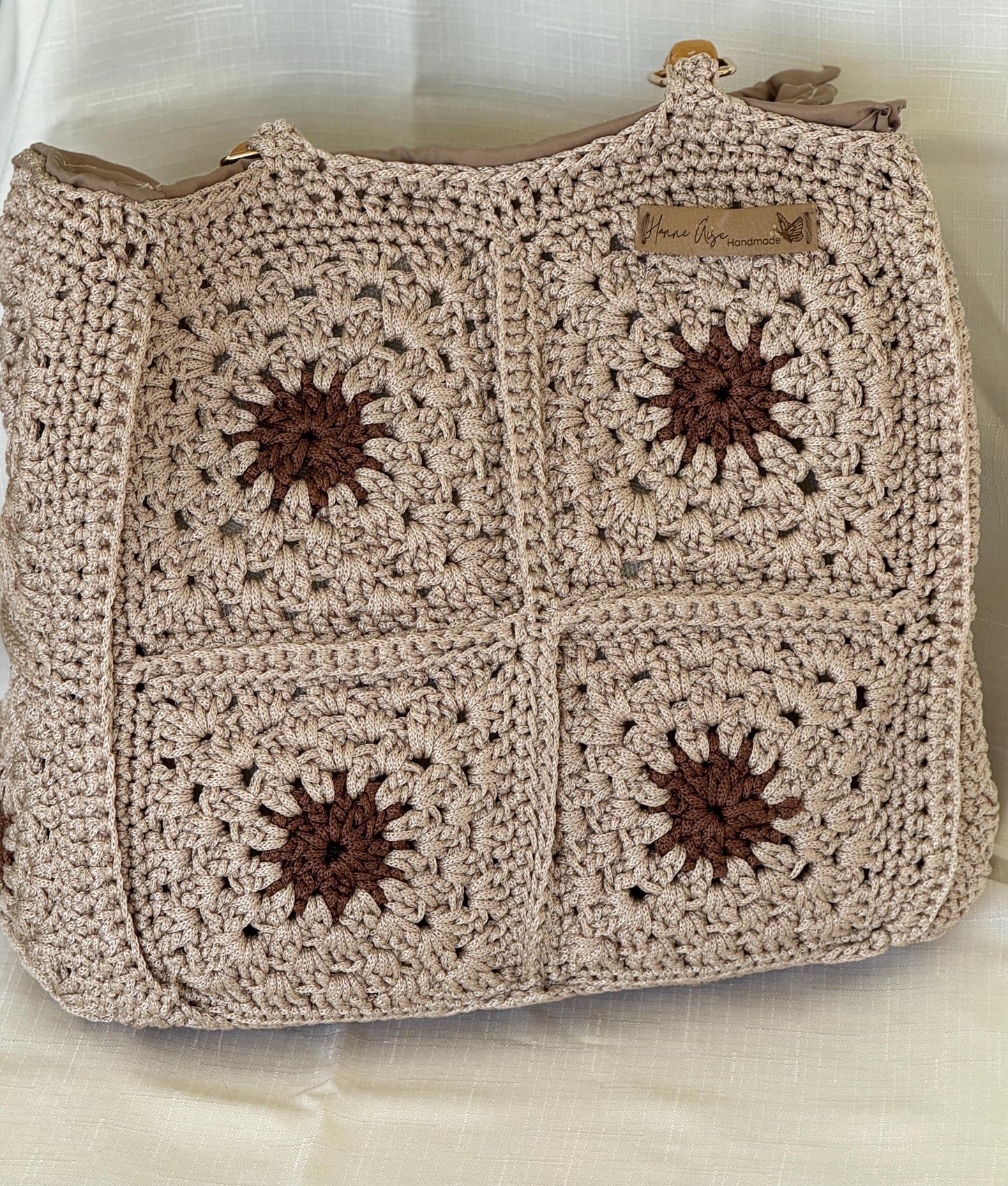 Handmade Crochet Boho Bag – Granny Square Tote with Lining & Bamboo Handles – Adjustable Strap – Gift for Her – Ready to Ship