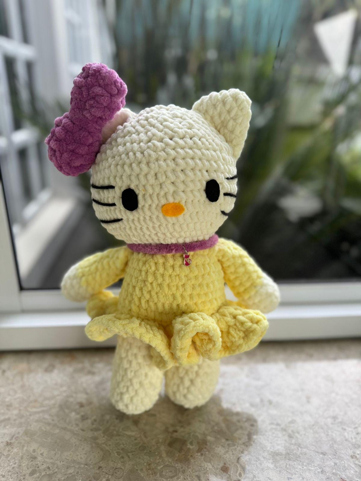 Handmade Hello Kitty Crochet Plushy– Soft Velvet Doll with Dress & Bow – Custom Colour Cute Gift for Girls