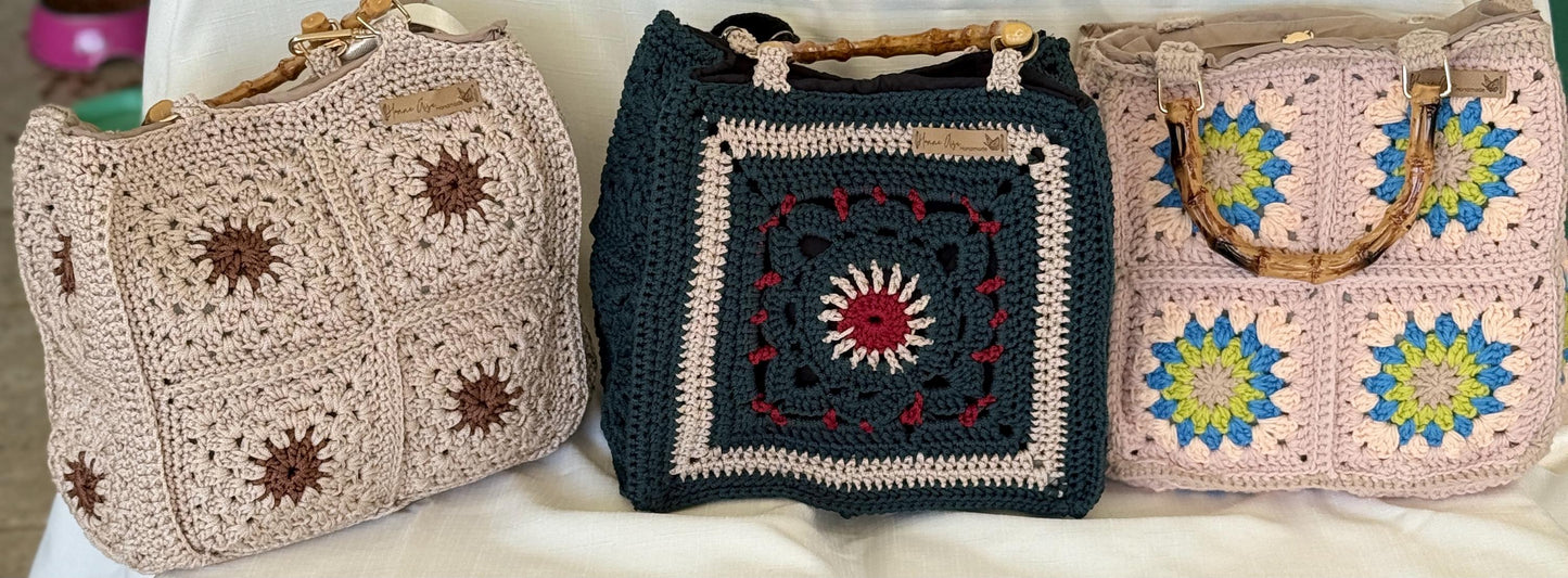 Handmade Crochet Boho Bag – Granny Square Tote with Lining & Bamboo Handles – Adjustable Strap – Gift for Her – Ready to Ship