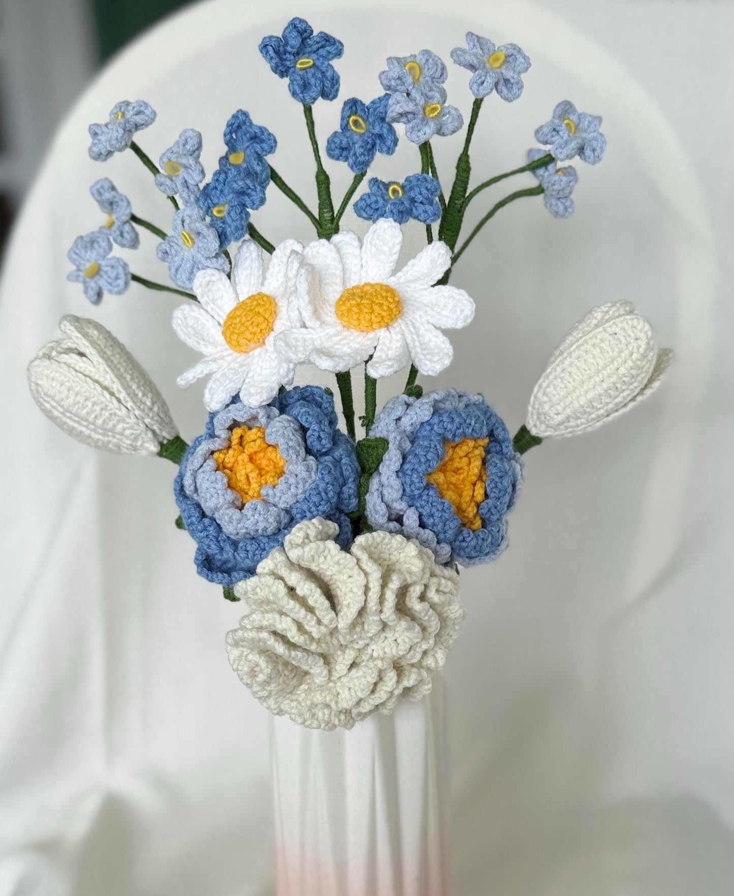 Crochet Flower Bouquet | Handmade Gift with 11 or 8 Flowers | With Vase, Wrapped or Flowers Only,Custom Colors,Forever Bouquet,Teacher Gift