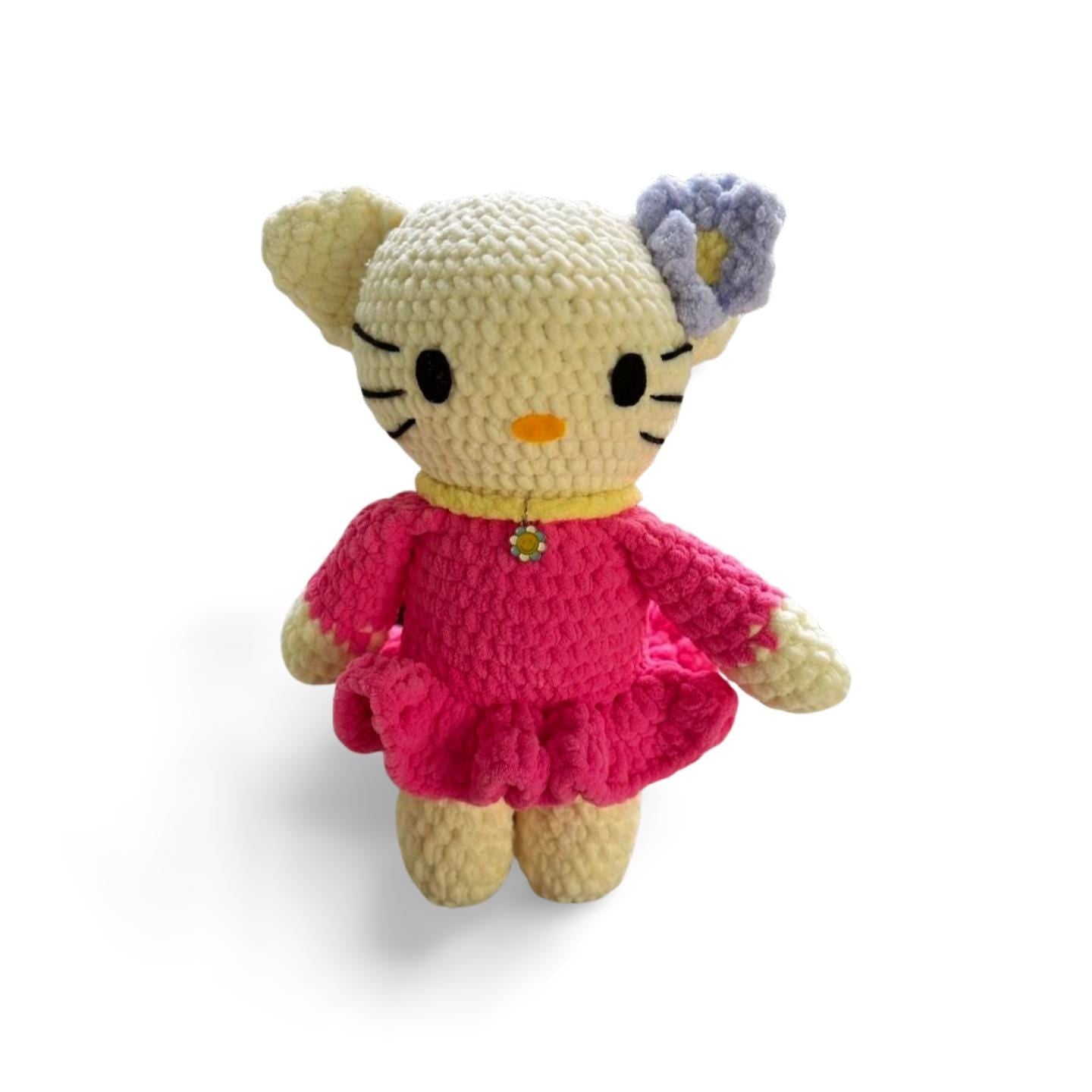 Handmade Hello Kitty Crochet Plushy– Soft Velvet Doll with Dress & Bow – Custom Colour Cute Gift for Girls