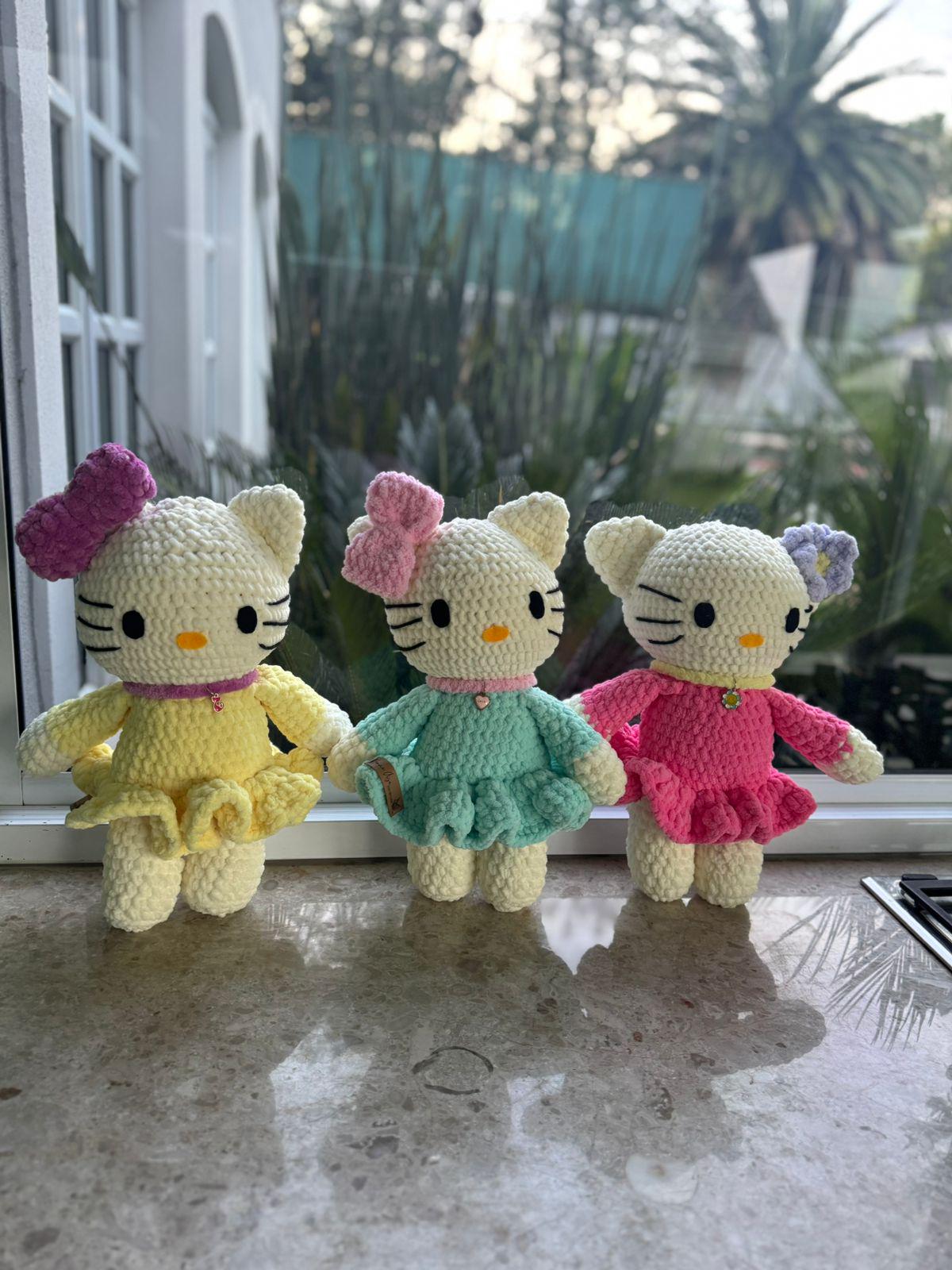 Handmade Hello Kitty Crochet Plushy– Soft Velvet Doll with Dress & Bow – Custom Colour Cute Gift for Girls