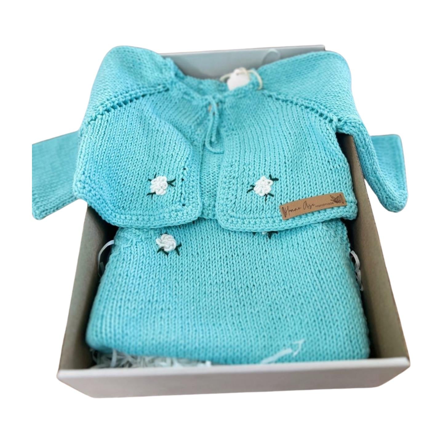 Handmade Baby Knit Set – 100% Cotton Cardigan & Romper (9–12M) | Aqua Blue Newborn Outfit | Baby Shower Gift | Fall Baby Clothes
