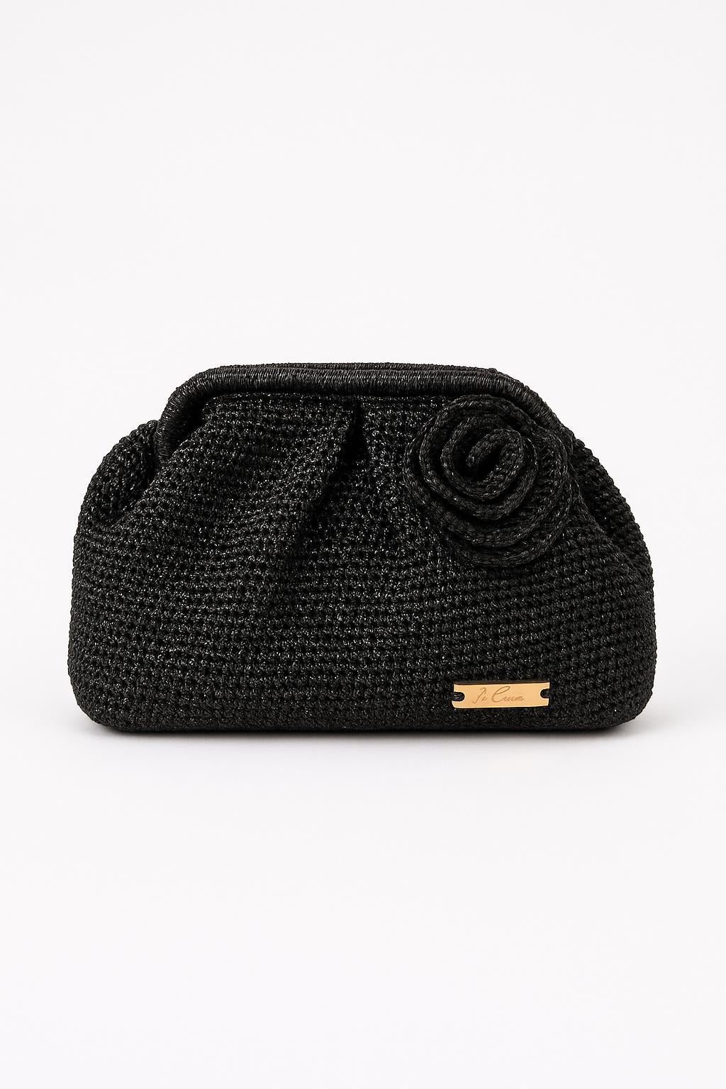 Elegant Black Crochet Clutch with Rosette Detail – Handmade Evening Purse