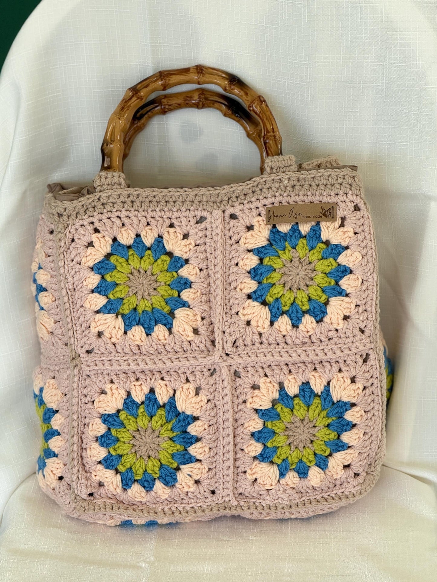 Handmade Crochet Boho Bag – Granny Square Tote with Lining & Bamboo Handles – Adjustable Strap – Gift for Her – Ready to Ship