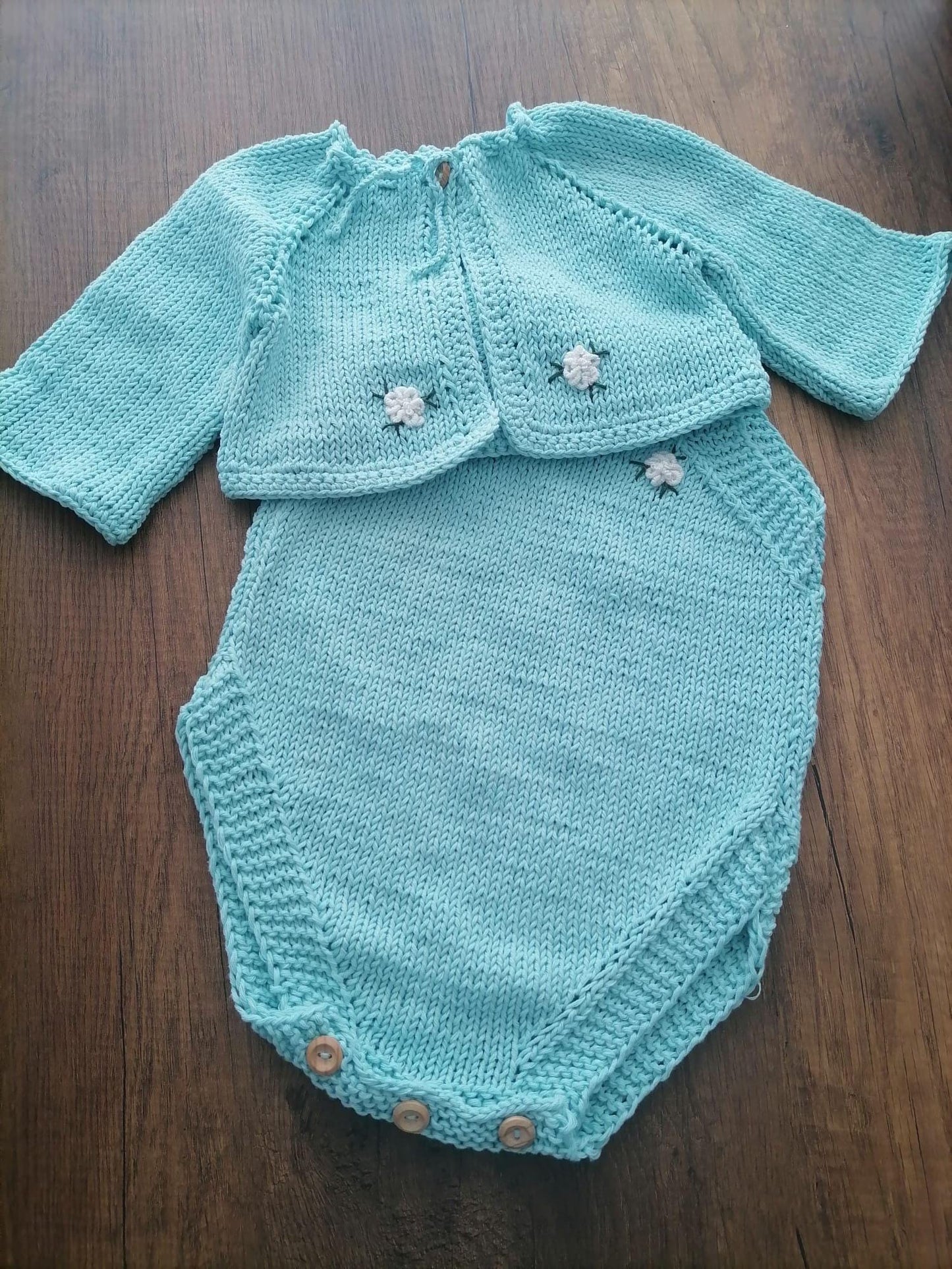 Handmade Baby Knit Set – 100% Cotton Cardigan & Romper (9–12M) | Aqua Blue Newborn Outfit | Baby Shower Gift | Fall Baby Clothes