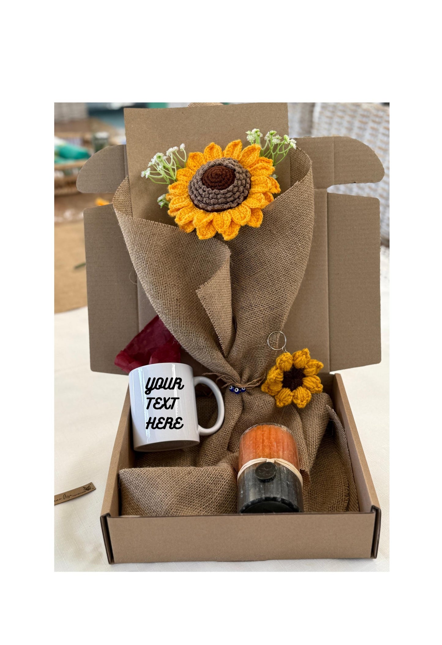 Personalized Sunflower Gift Box – Handmade Crochet Flower Bouquet, Custom Mug, Keychain & Candle Set SA