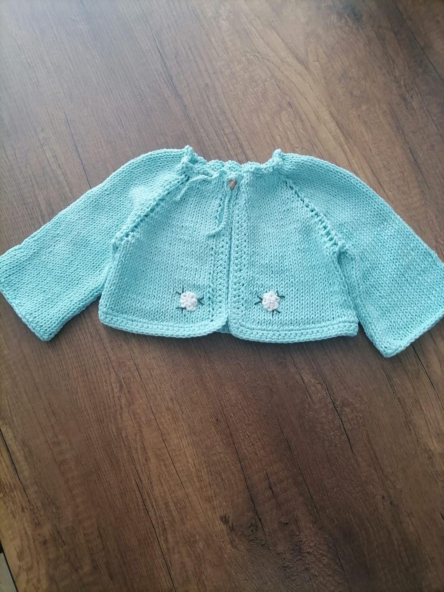 Handmade Baby Knit Set – 100% Cotton Cardigan & Romper (9–12M) | Aqua Blue Newborn Outfit | Baby Shower Gift | Fall Baby Clothes