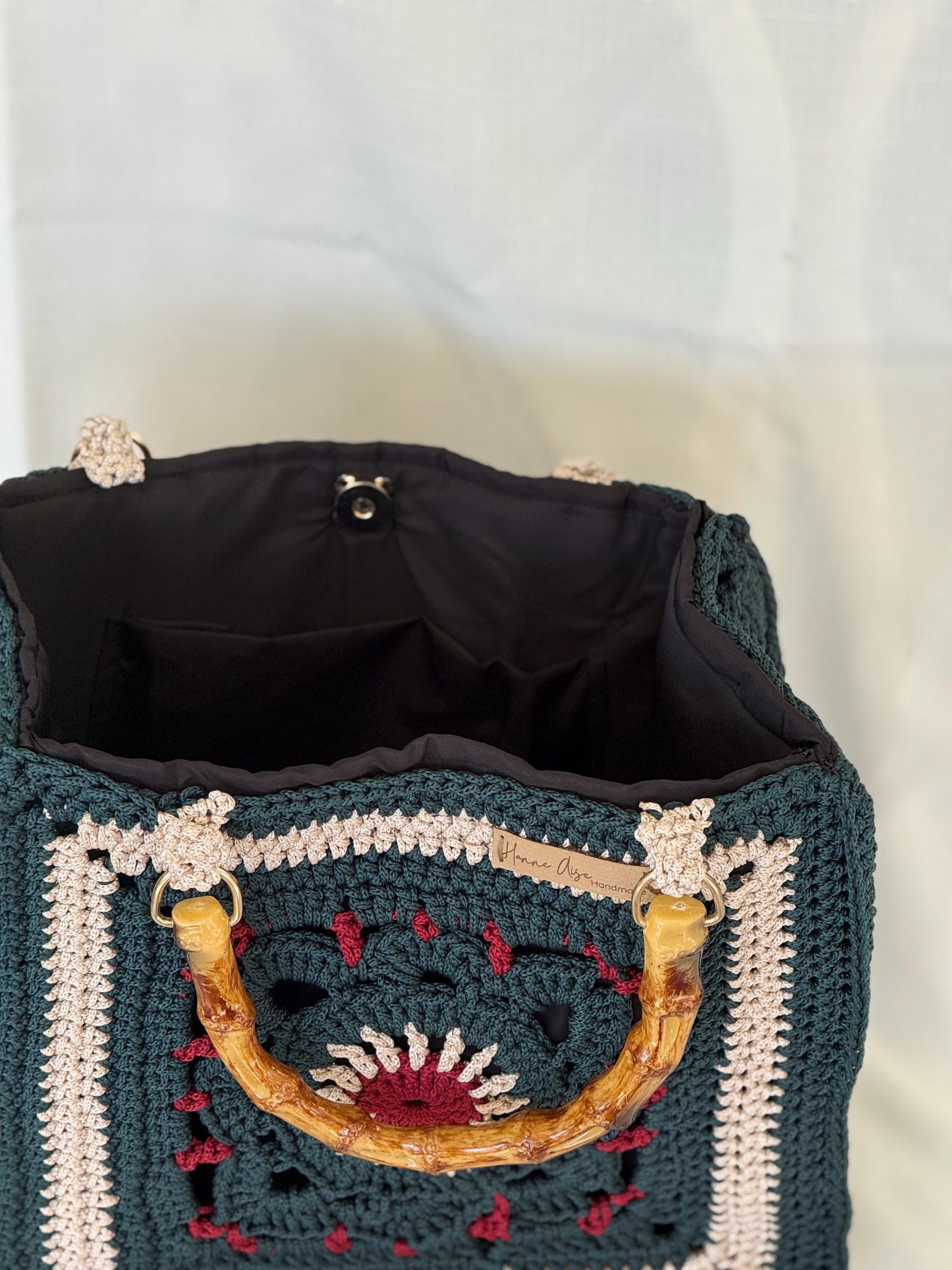 Handmade Crochet Boho Bag – Granny Square Tote with Lining & Bamboo Handles – Adjustable Strap – Gift for Her – Ready to Ship