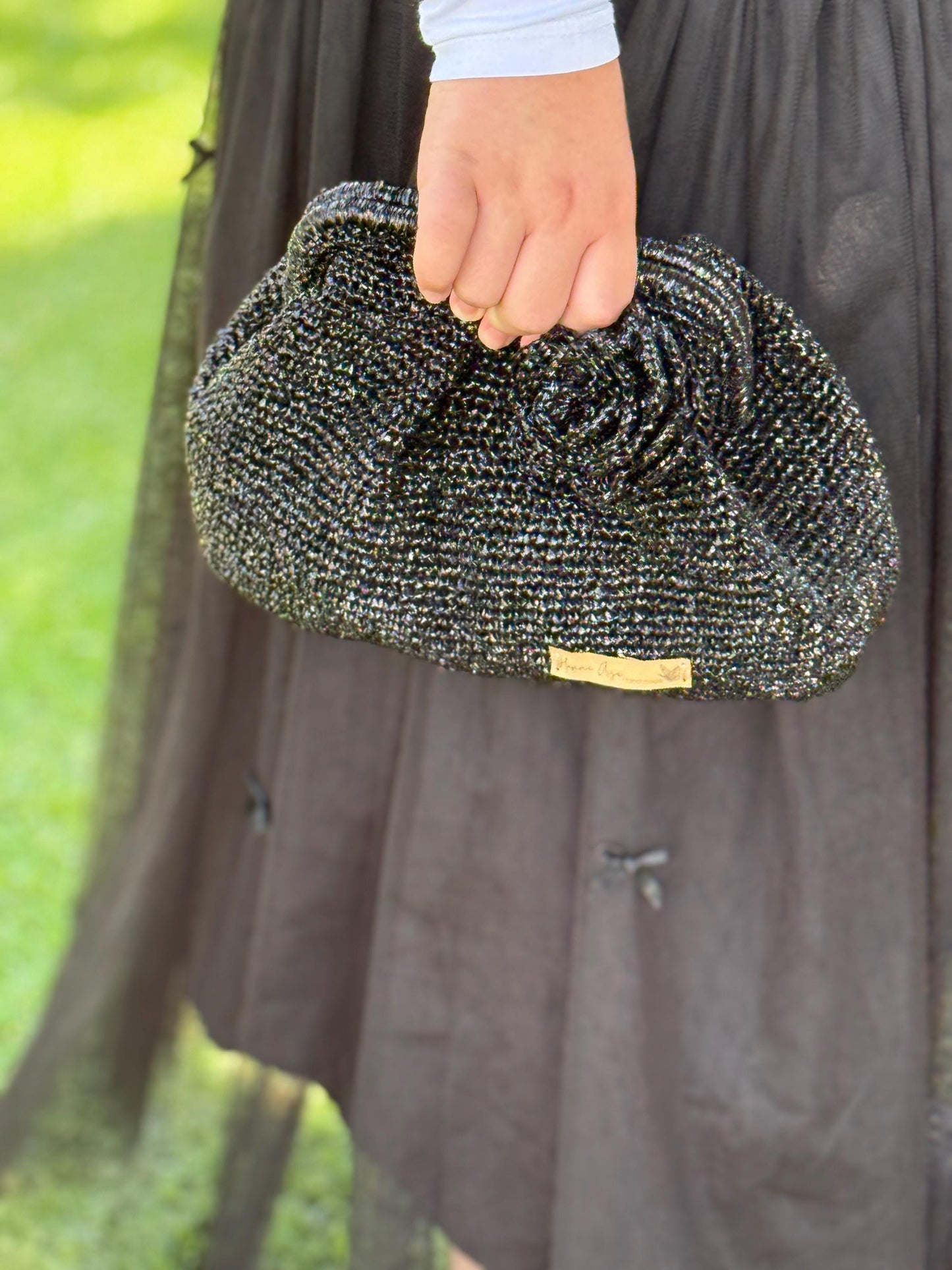 Elegant Black Crochet Clutch with Rosette Detail – Handmade Evening Purse