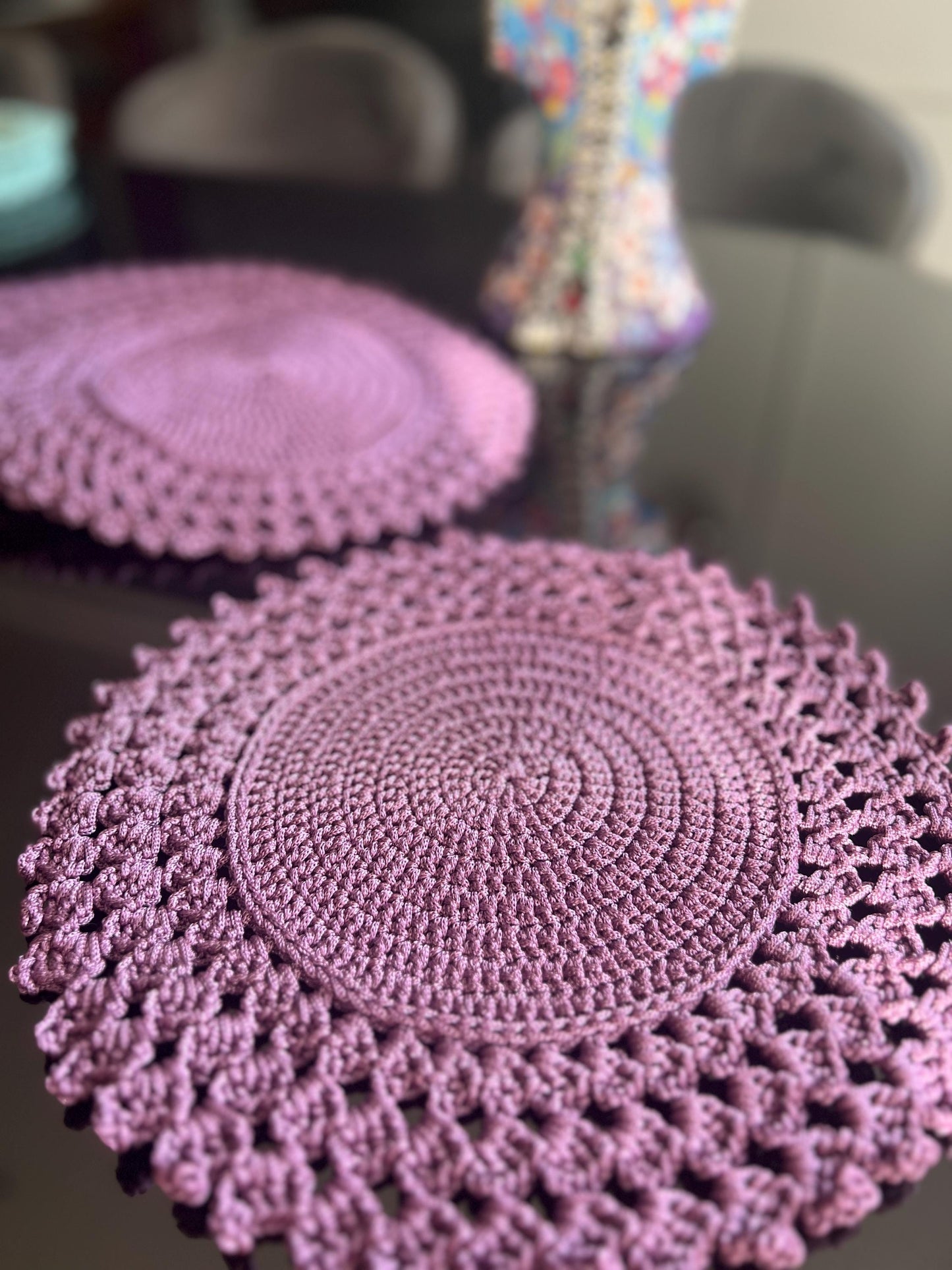 Handmade Crochet Round Placemats,Elegant Lacy Edge Table Decor,Purple Doily Set,Boho Dining Accent Set of 6