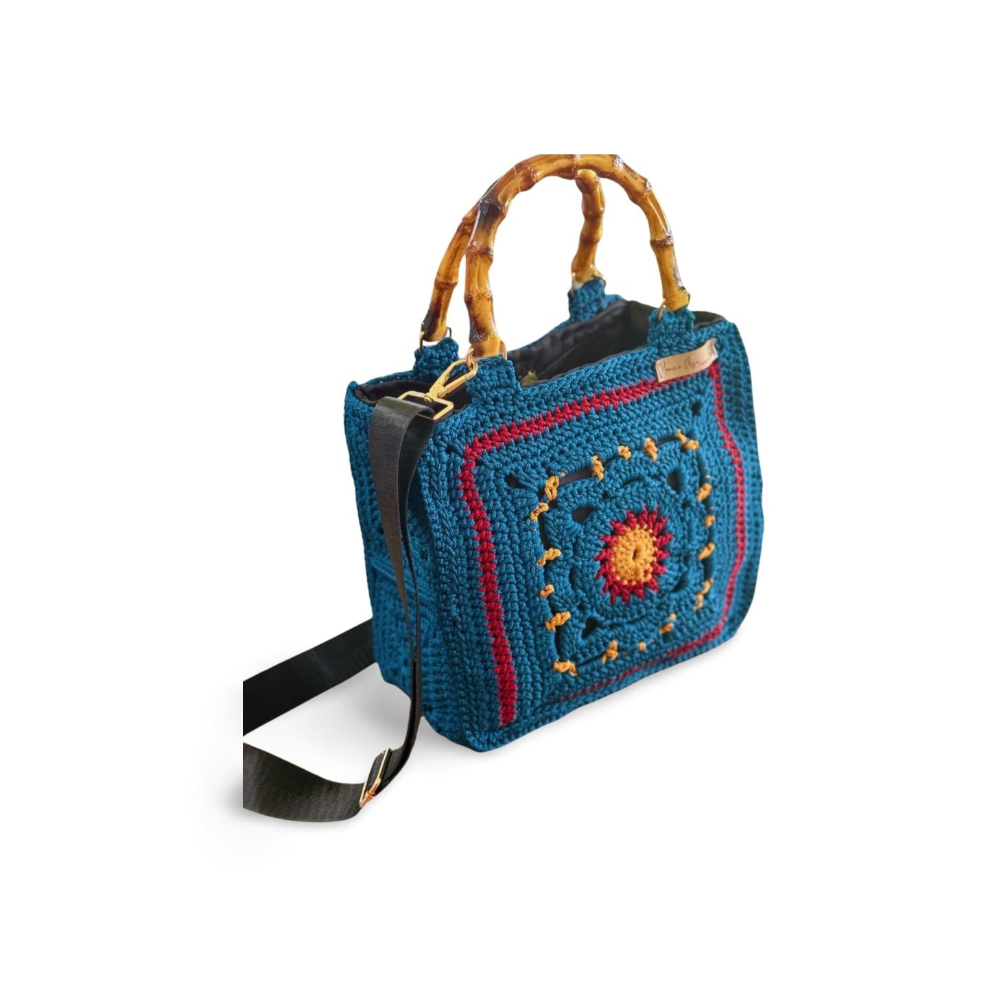Handmade Crochet Boho Bag – Granny Square Tote with Lining & Bamboo Handles – Adjustable Strap – Gift for Her – Ready to Ship