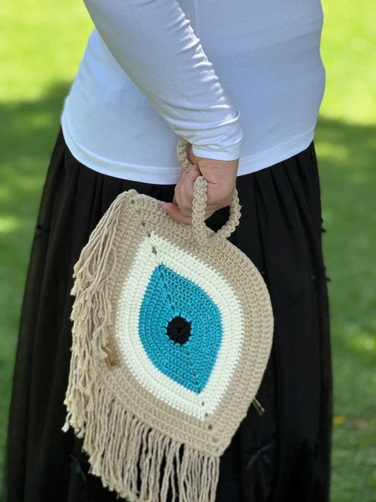 Crochet Evil Eye Crossbody Bag - Handmade Boho Rafia Handbag,Christmas Gift