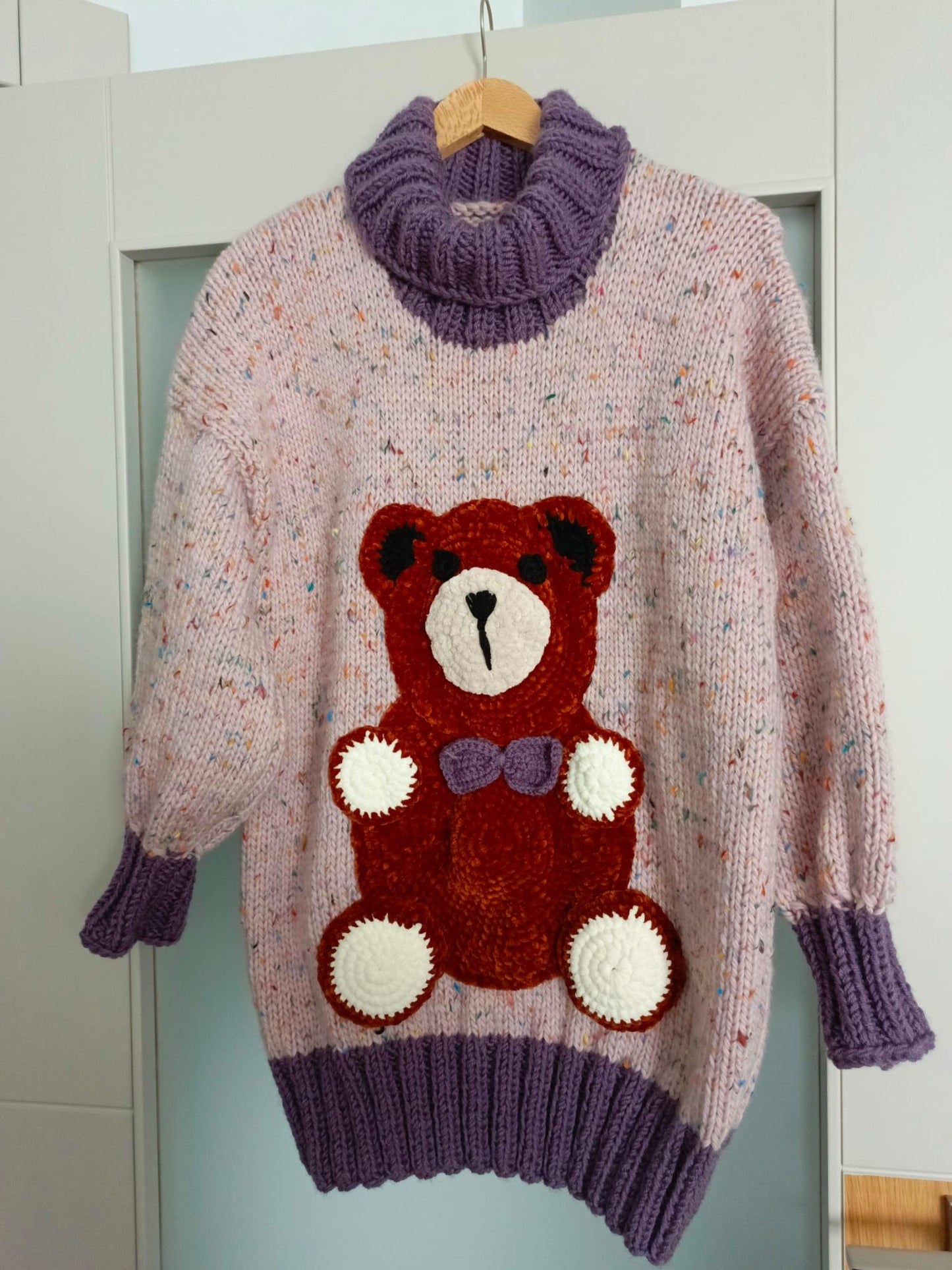 Handmade Knit Teddy Bear Sweater Dress - Wool Blend, Cozy Pullover