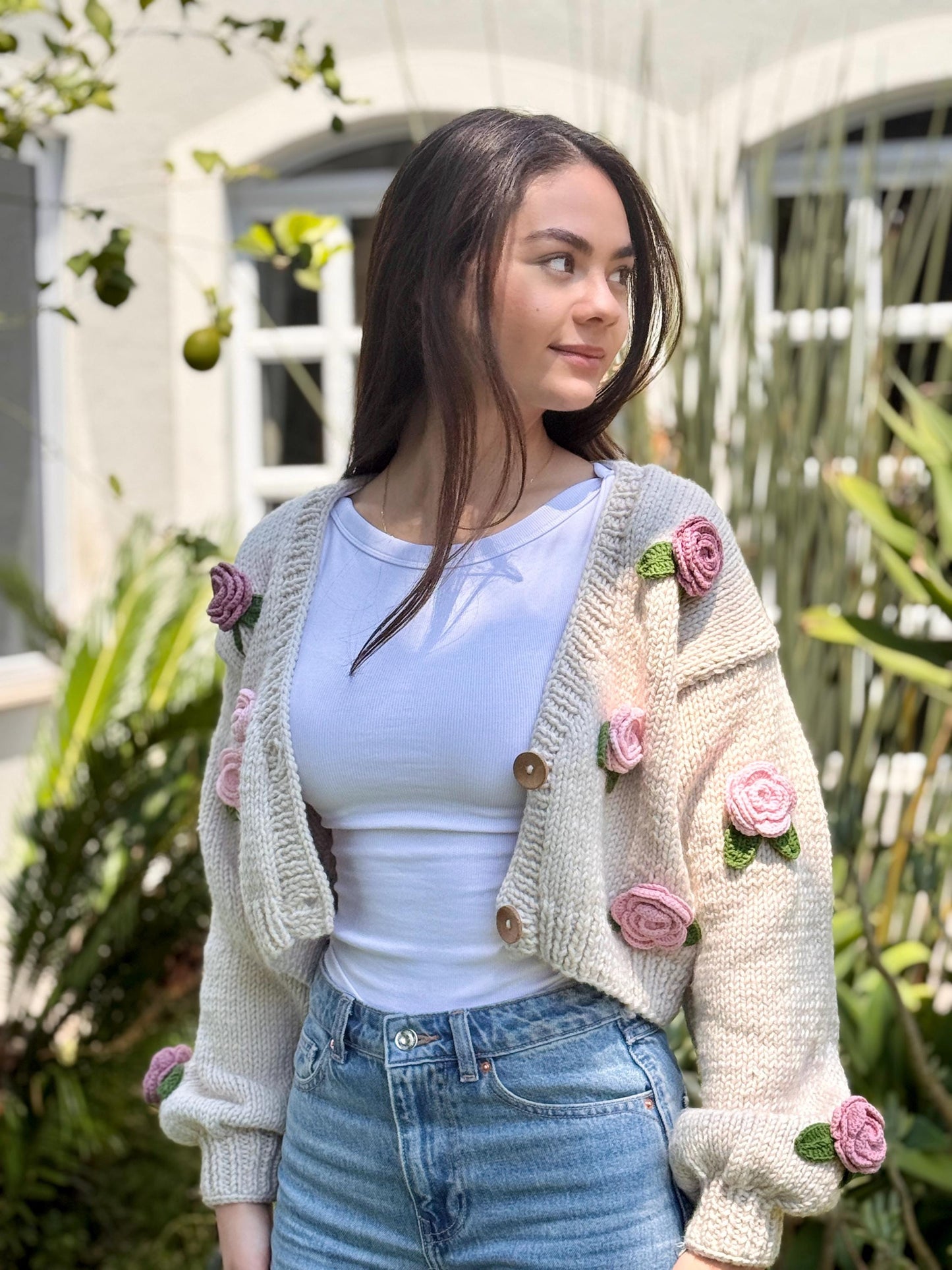 Handmade Crochet Rose Cardigan β Unique Floral Knit Sweater, Cottagecore Boho Jacket, Gift for Her