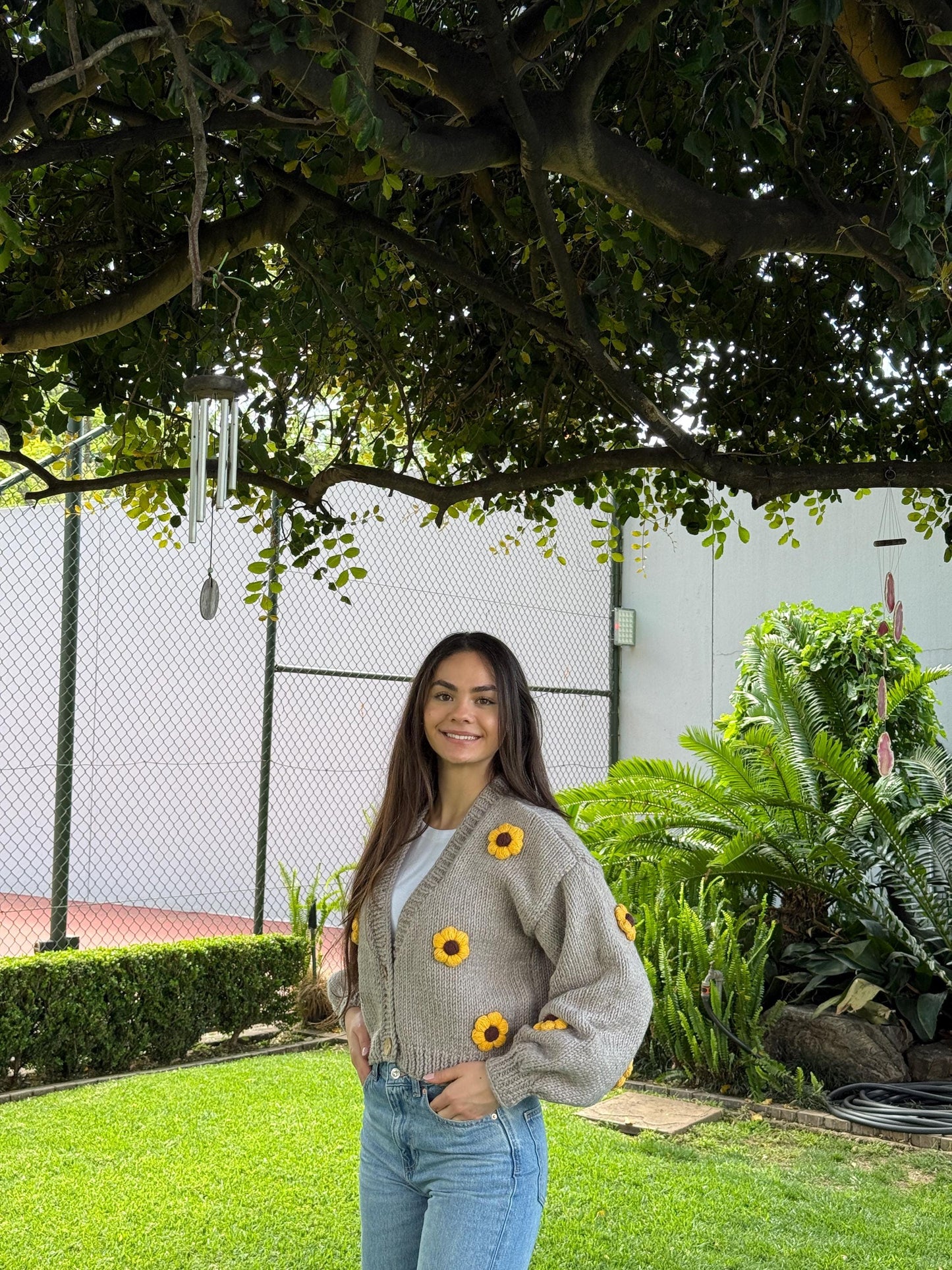 Handmade Chunky Knit Sunflower Cardigan: Boho Cropped Sweater,Unique Christmas Gift