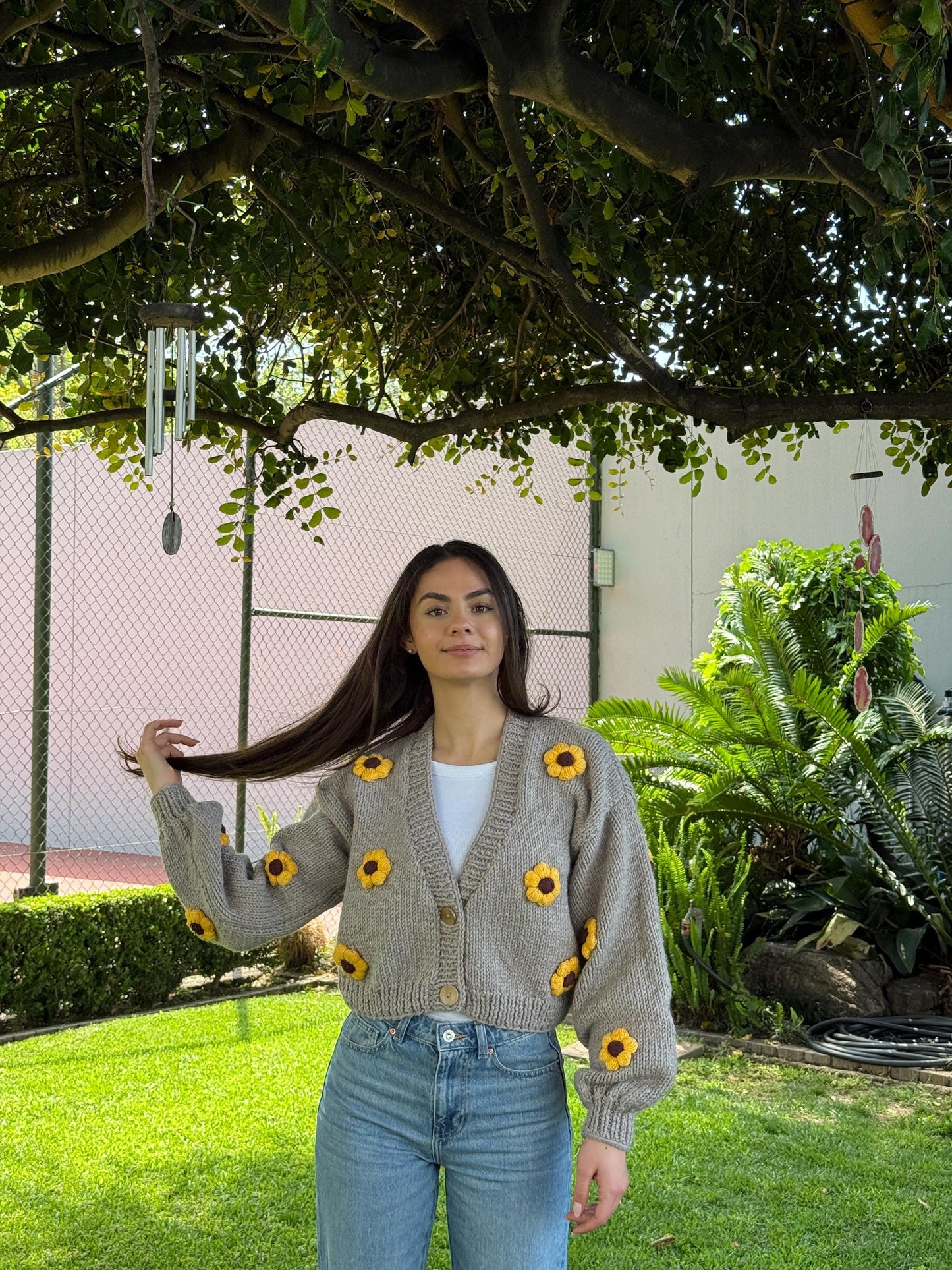Handmade Chunky Knit Sunflower Cardigan: Boho Cropped Sweater,Unique Christmas Gift