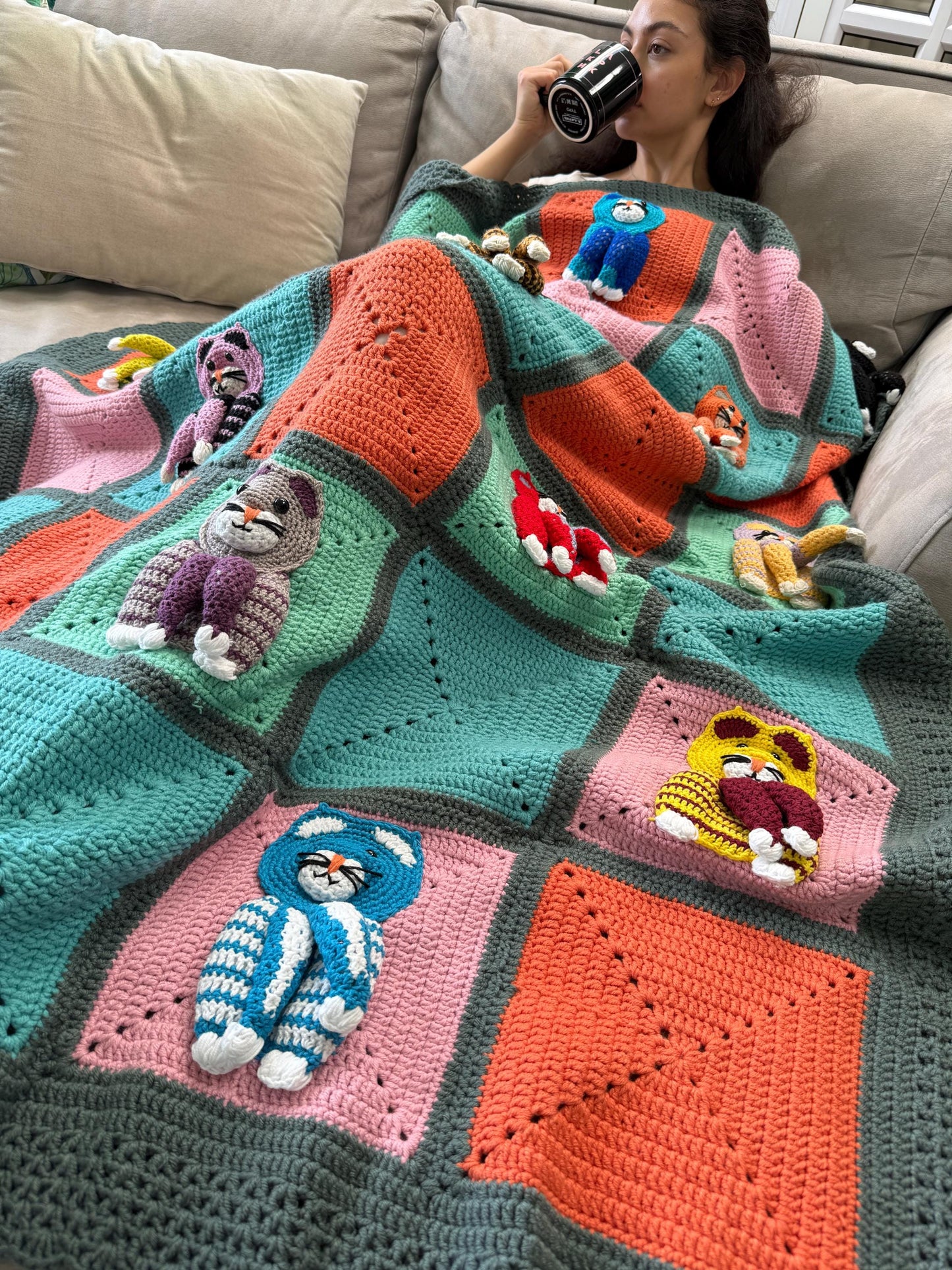 Colorful Crochet Cat Blanket β Handmade Throw, Cozy, Cat Lover Gift