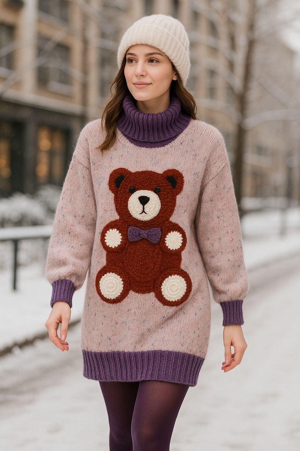 Handmade Knit Teddy Bear Sweater Dress - Wool Blend, Cozy Pullover