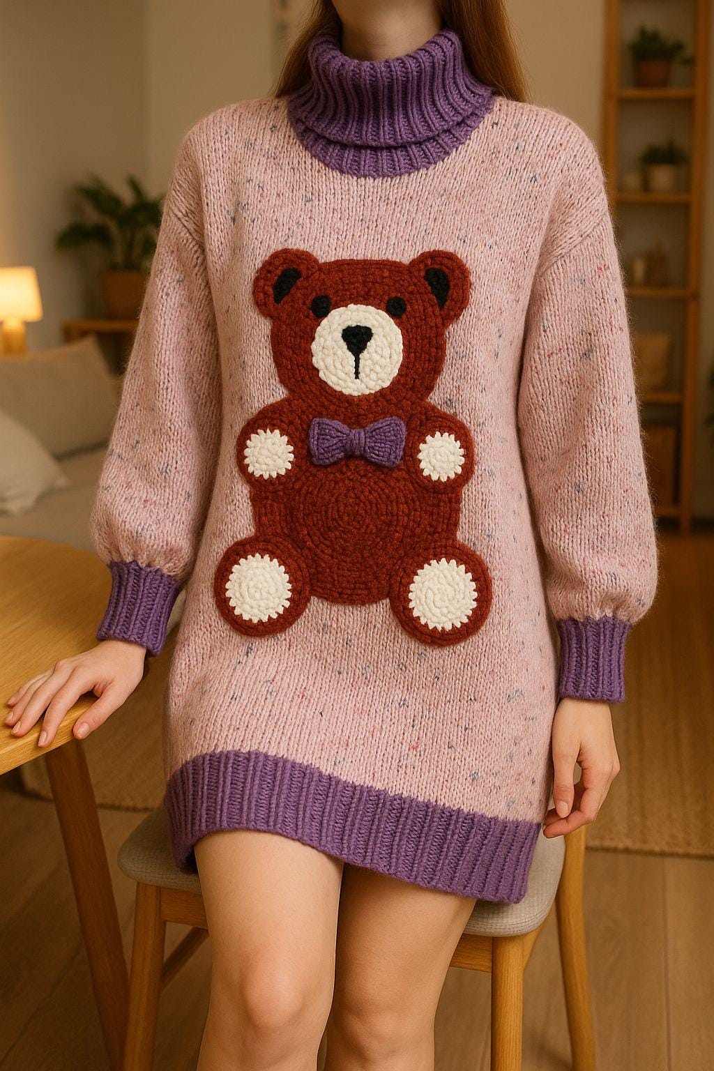 Handmade Knit Teddy Bear Sweater Dress - Wool Blend, Cozy Pullover