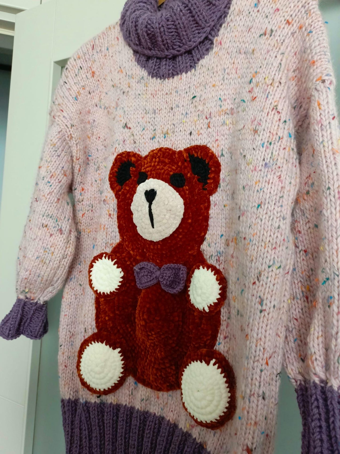 Handmade Knit Teddy Bear Sweater Dress - Wool Blend, Cozy Pullover