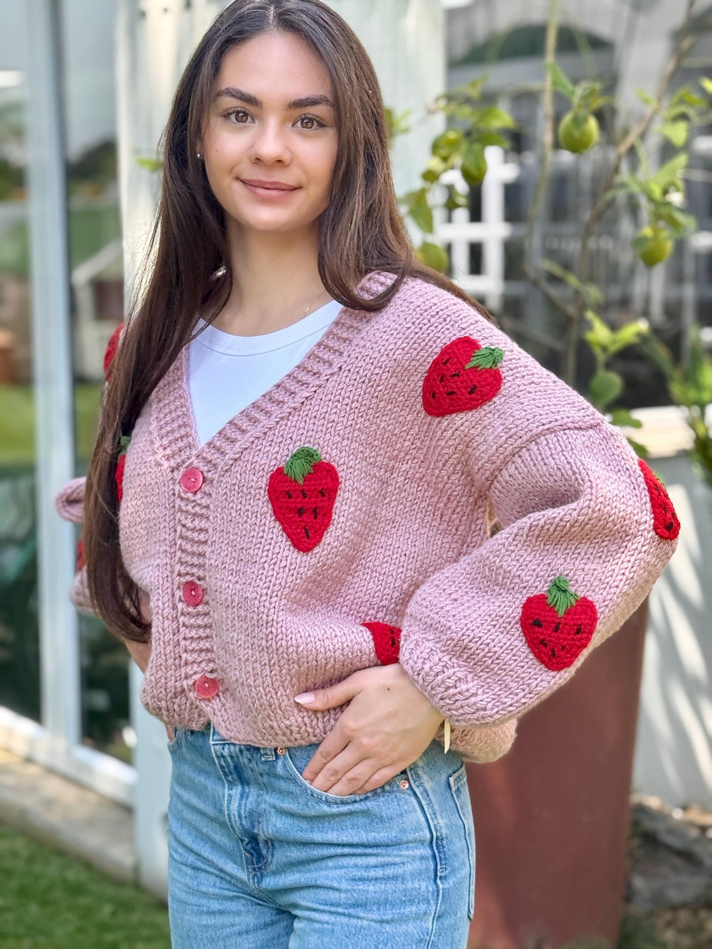 Handmade Strawberry Crochet Cardigan – Chunky Boho Knit Sweater with Cotton Appliques – Cozy Gift for Her