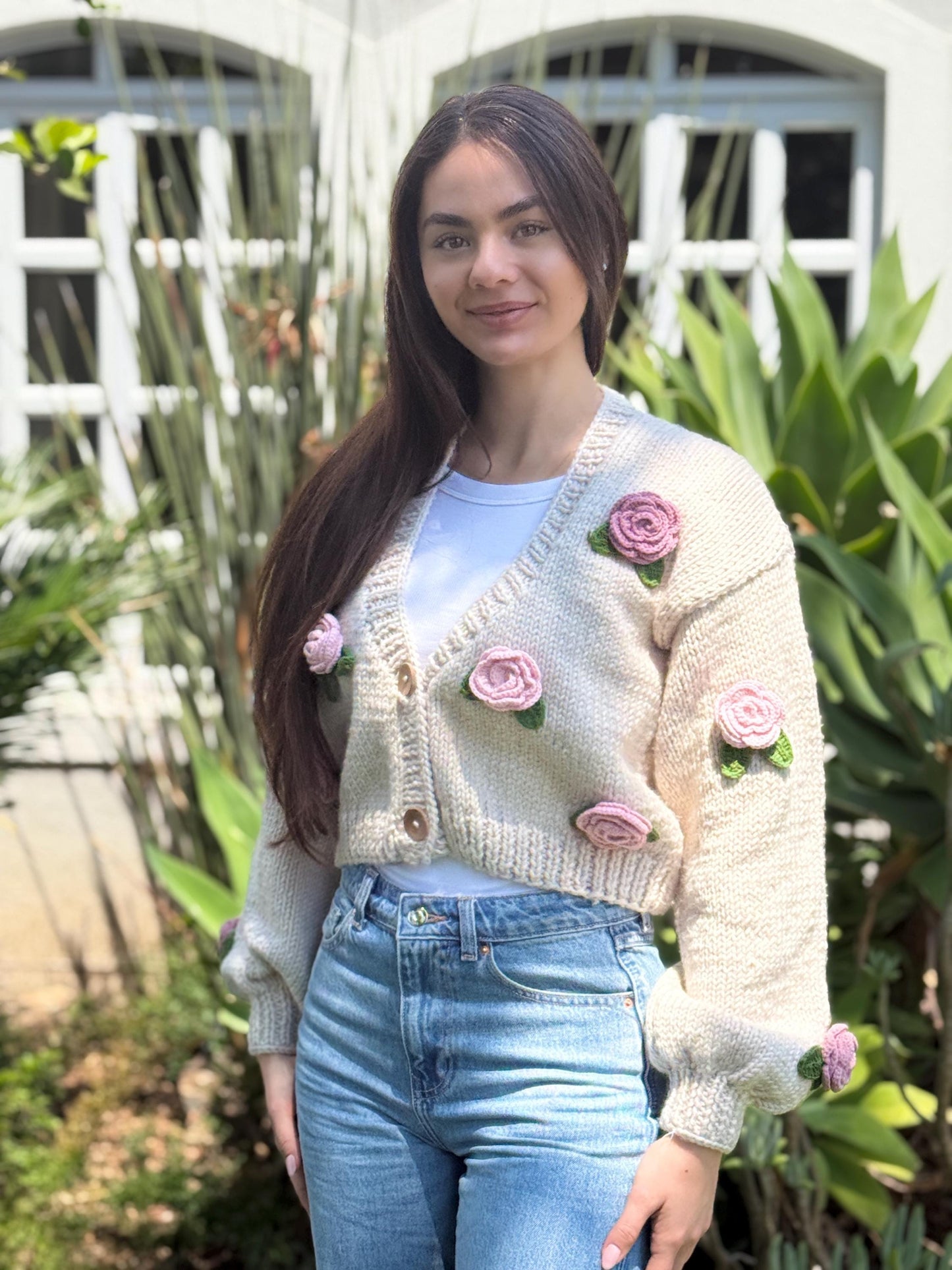 Handmade Crochet Rose Cardigan β Unique Floral Knit Sweater, Cottagecore Boho Jacket, Gift for Her