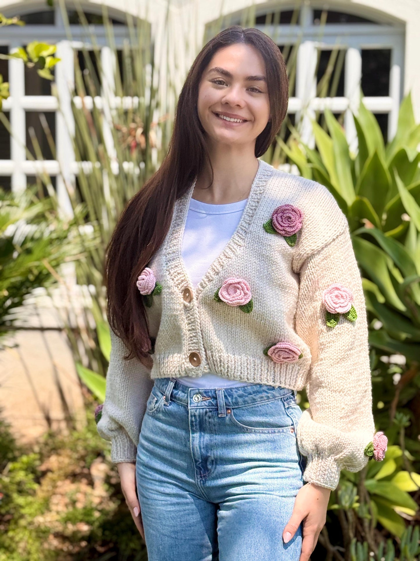 Handmade Crochet Rose Cardigan β Unique Floral Knit Sweater, Cottagecore Boho Jacket, Gift for Her