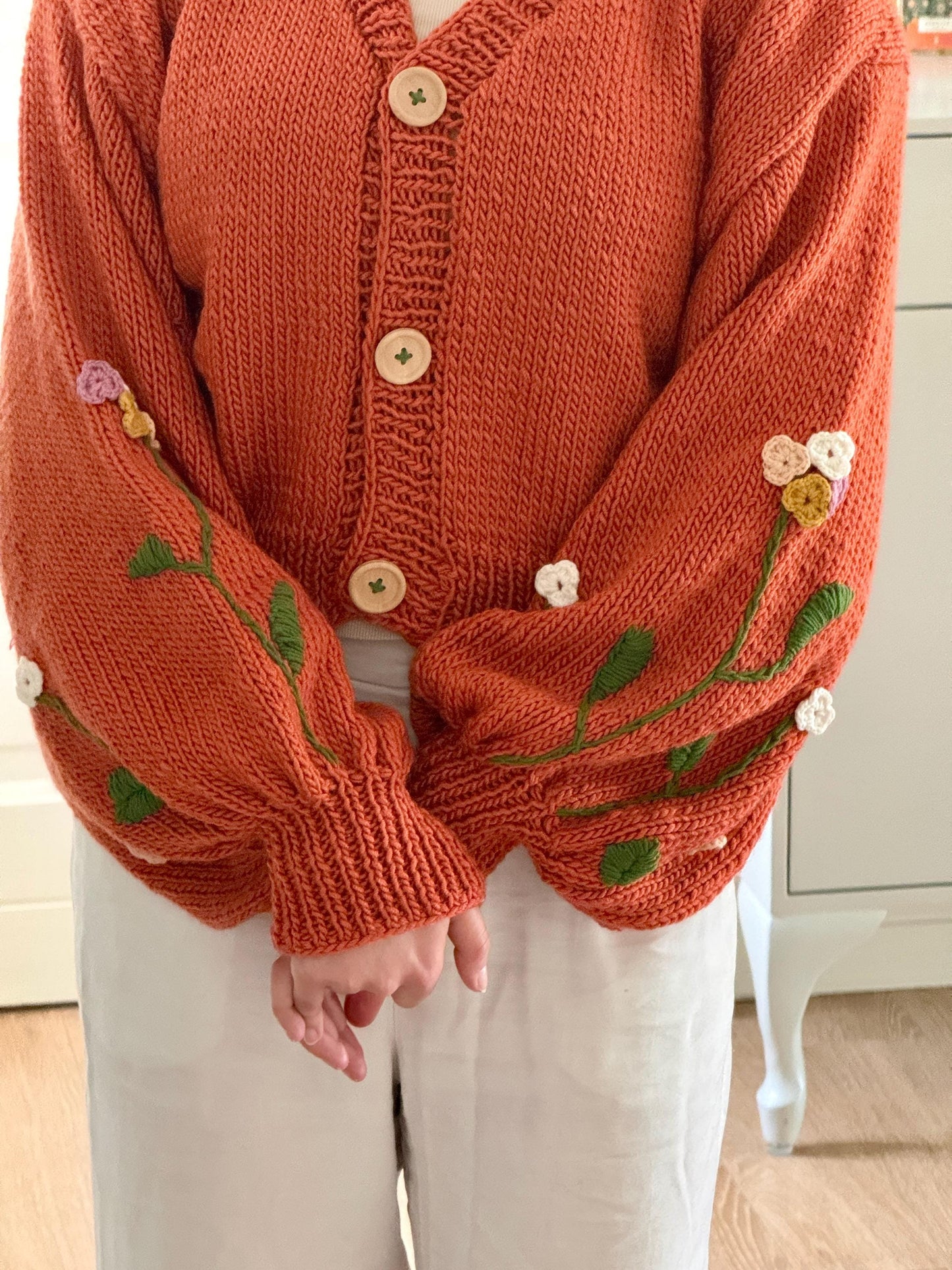 Boho Crochet Floral Cardigan โ Handmade Chunky Knit Sweater for Women Embroidery Jacket