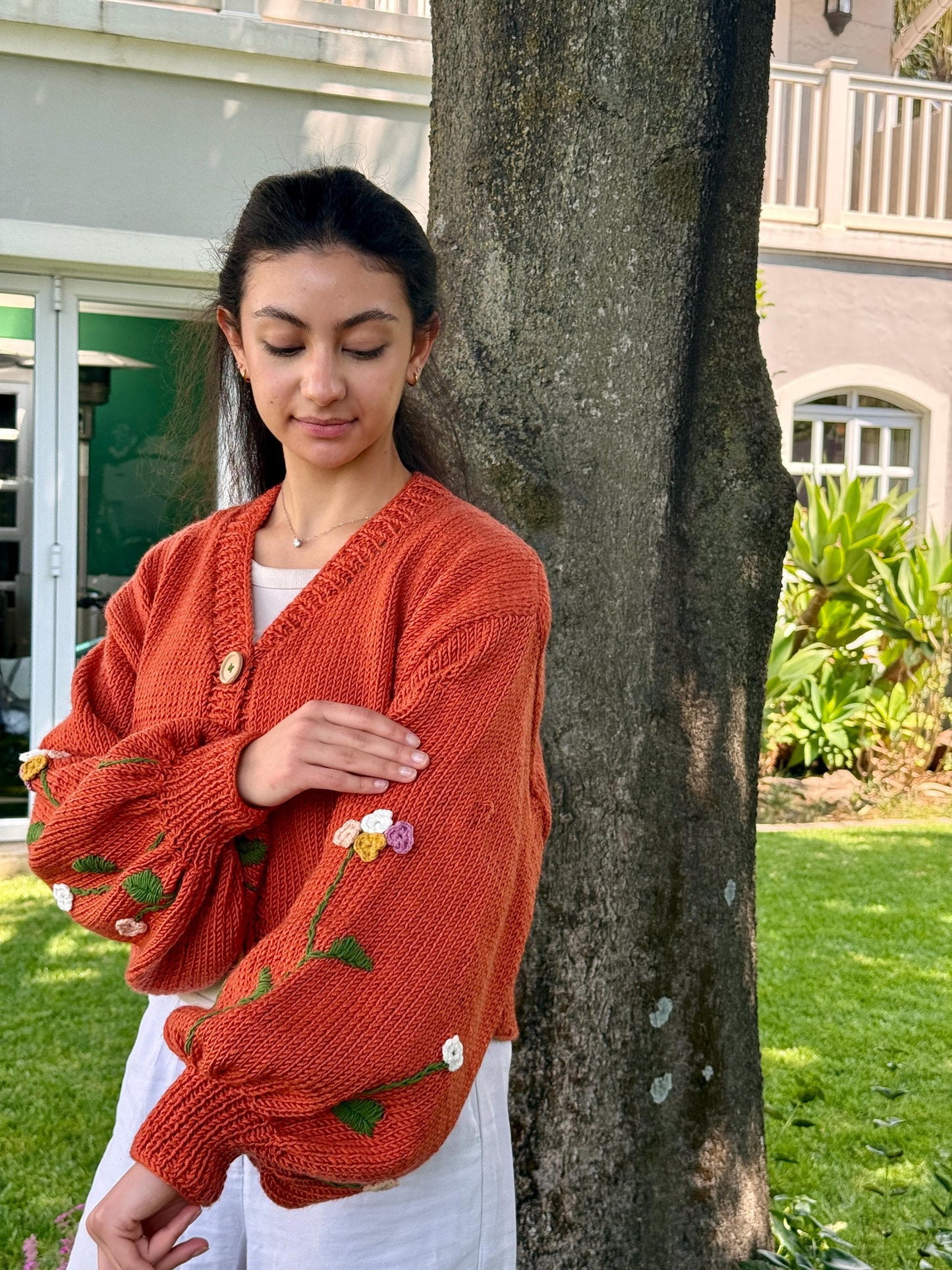 Boho Crochet Floral Cardigan โ Handmade Chunky Knit Sweater for Women Embroidery Jacket