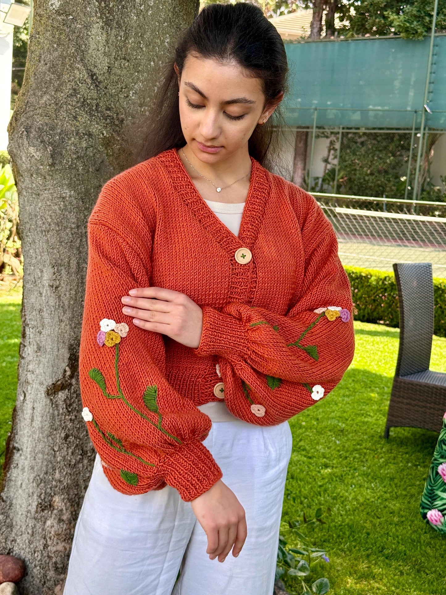 Boho Crochet Floral Cardigan โ Handmade Chunky Knit Sweater for Women Embroidery Jacket
