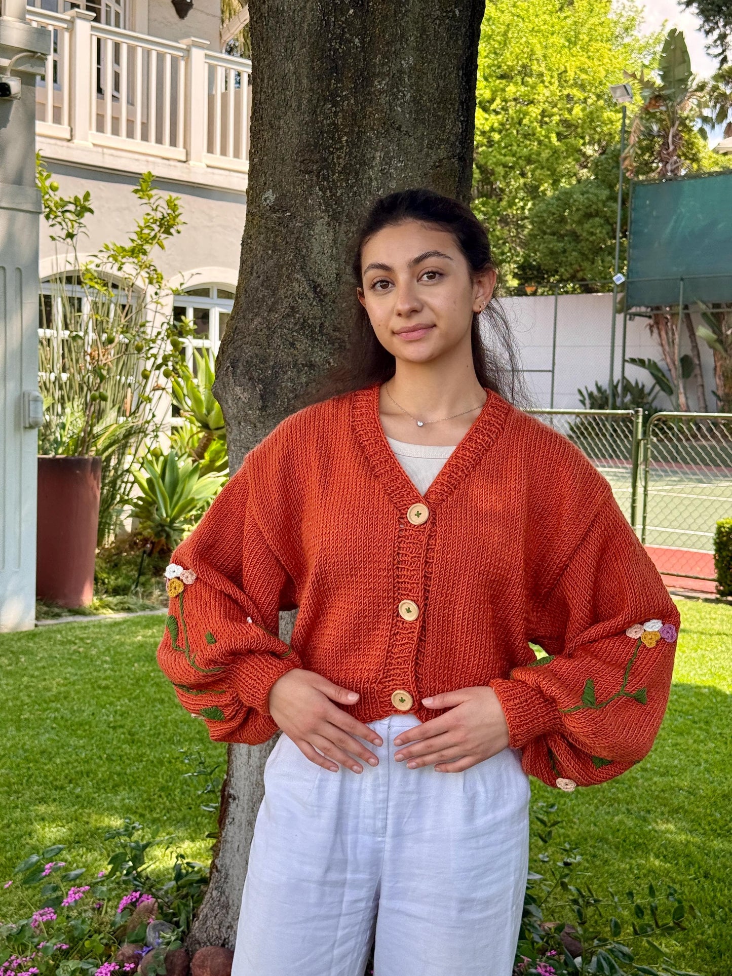 Boho Crochet Floral Cardigan โ Handmade Chunky Knit Sweater for Women Embroidery Jacket