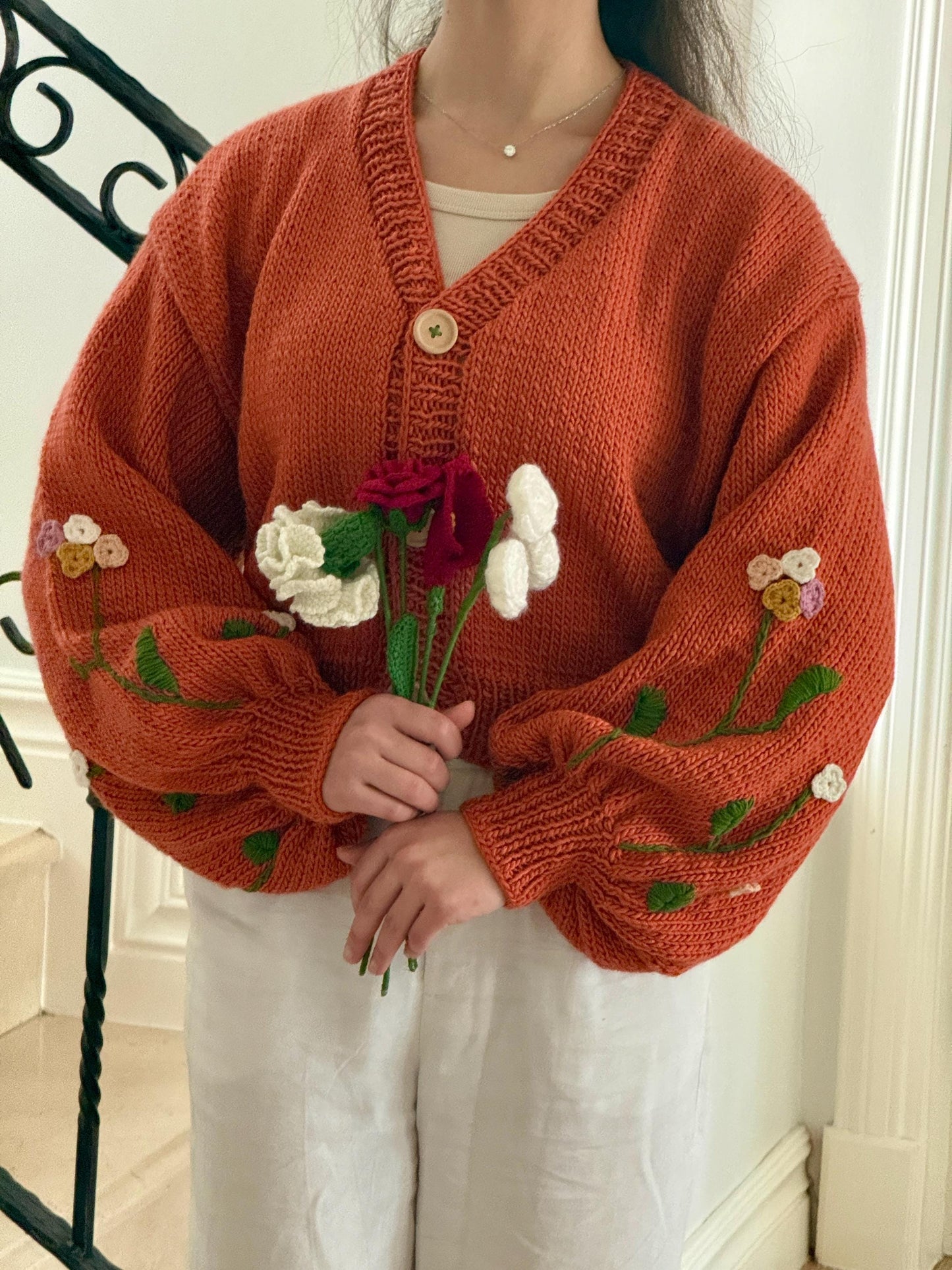 Boho Crochet Floral Cardigan โ Handmade Chunky Knit Sweater for Women Embroidery Jacket