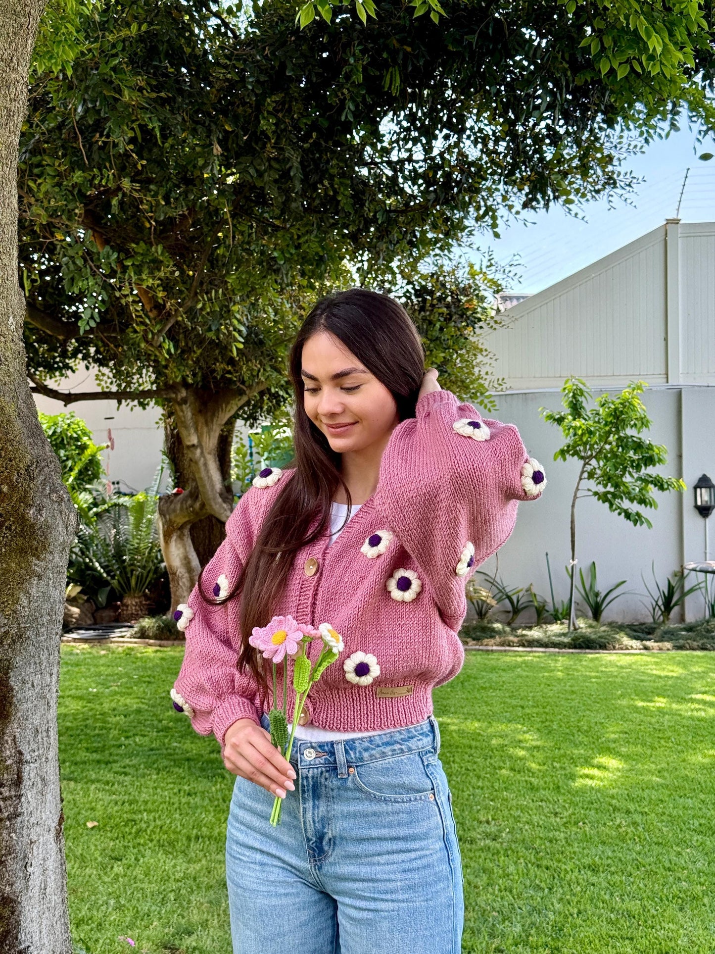Handmade Pink Crochet Daisy Cardigan - Cottagecore Knitwear,Unique Christmas Gift