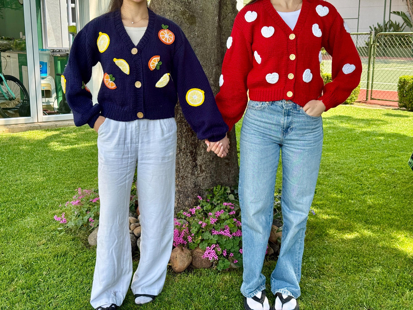 Handmade Fruit Cardigan – Navy Blue Citrus Knit Sweater, Lemon Orange Embroidered Knitwear,Christmas Gift