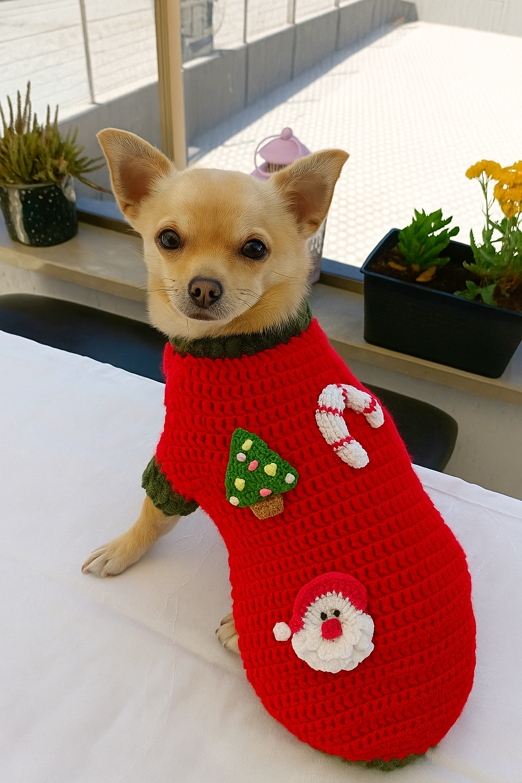 Handmade crochet Christmas dog sweater in red and red tones, featuring festive pattern and soft yarn by Hanneaise Handmade.