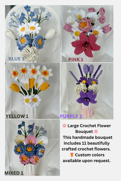 Collection of large crochet flower bouquets in blue, pink, yellow, and mixed colors on a white background.
