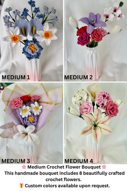 Four medium crochet flower bouquets with different color combinations on a white background.