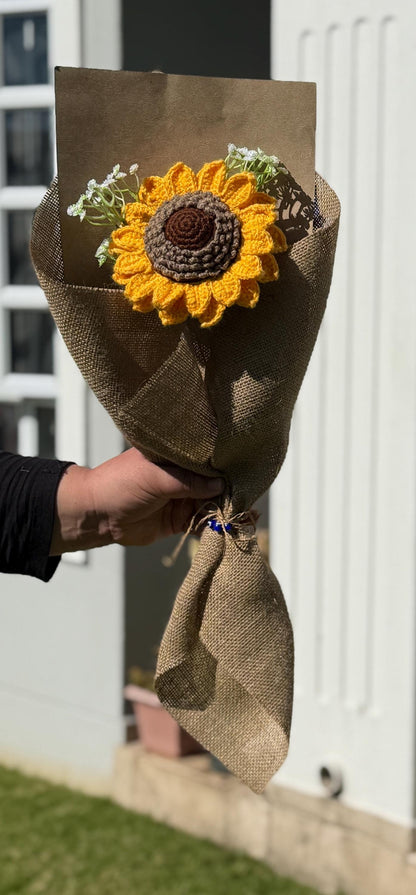 Personalized Sunflower Gift Box – Handmade Crochet Flower Bouquet, Custom Mug, Keychain & Candle Set SA