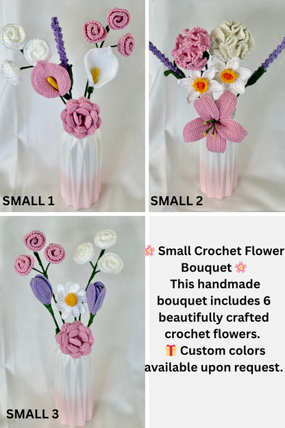 Three small crochet flower bouquets in different vases with text describing the product.
