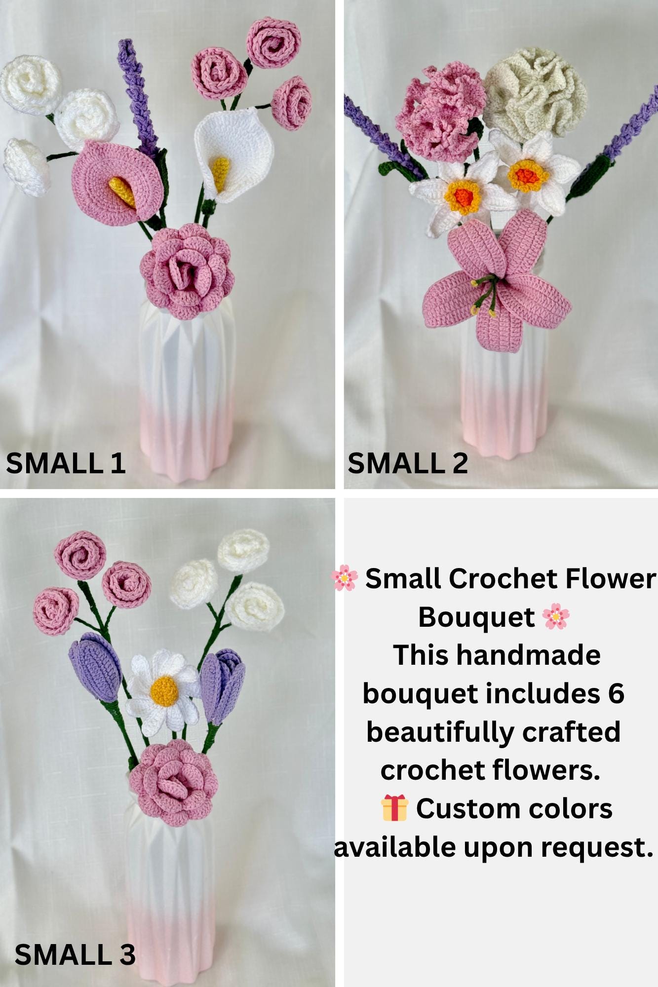 Crochet Flower Bouquet | Handmade Gift with 11 or 8 Flowers | With Vase, Wrapped or Flowers Only,Custom Colors,Forever Bouquet,Teacher Gift