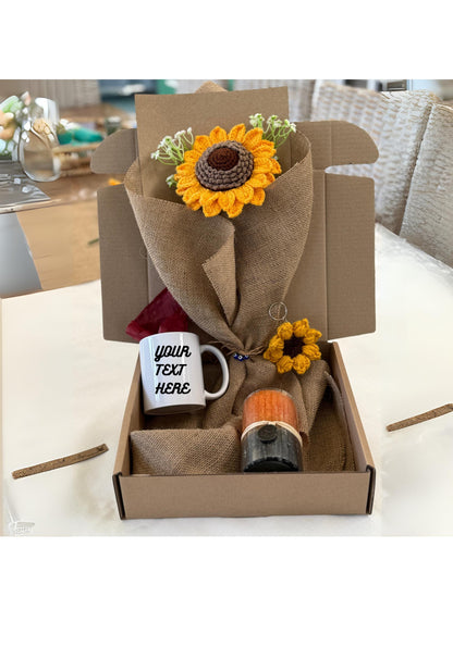 Personalized Sunflower Gift Box – Handmade Crochet Flower Bouquet, Custom Mug, Keychain & Candle Set SA