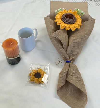 Personalized Sunflower Gift Box – Handmade Crochet Flower Bouquet, Custom Mug, Keychain & Candle Set SA