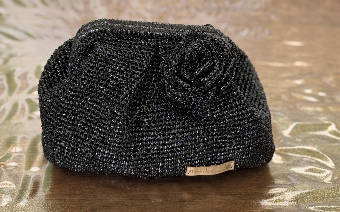 Elegant Black Crochet Clutch with Rosette Detail – Handmade Evening Purse