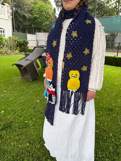Handmade Crochet Cat Scarf – Navy Blue Winter Scarf with 3D Cats SA