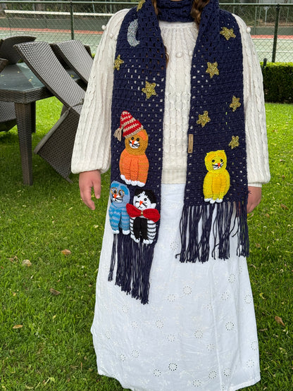 Handmade Crochet Cat Scarf – Navy Blue Winter Scarf with 3D Cats SA